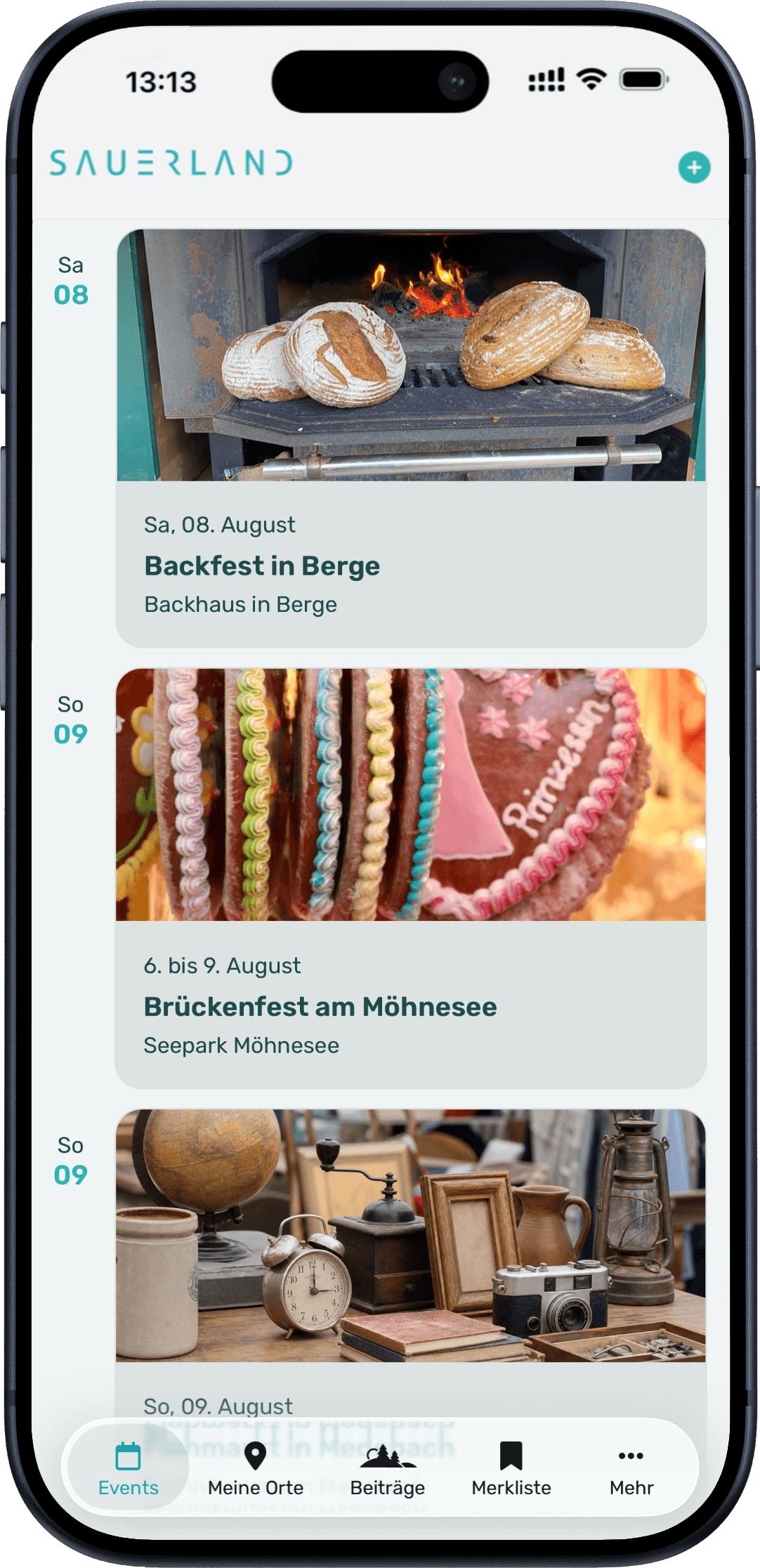 Die Sauerland.App ist auf einem Iphone geöffnet. Der Bildschirm zeigt die Beiträge der App.