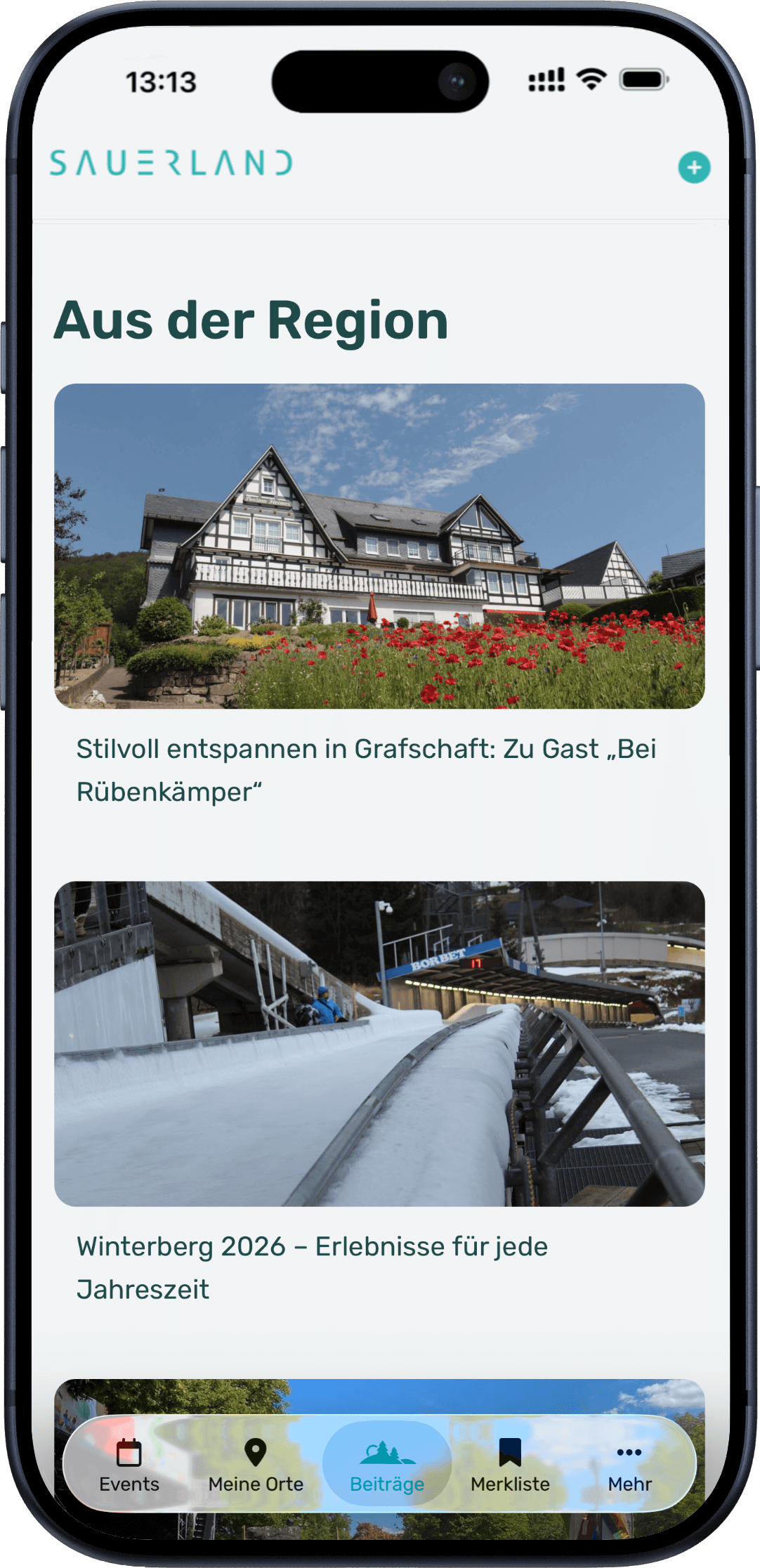 Die Sauerland.App ist auf einem Iphone geöffnet. Der Bildschirm zeigt die Seite „Aus der Region“.