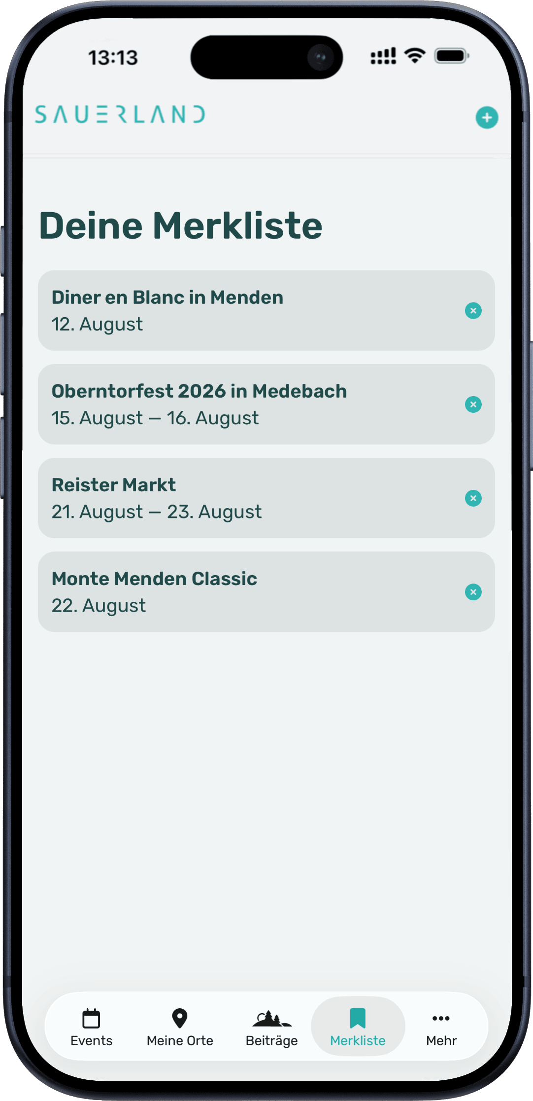 Die Sauerland.App ist auf einem Iphone geöffnet. Der Bildschirm zeigt die Merkliste der App.