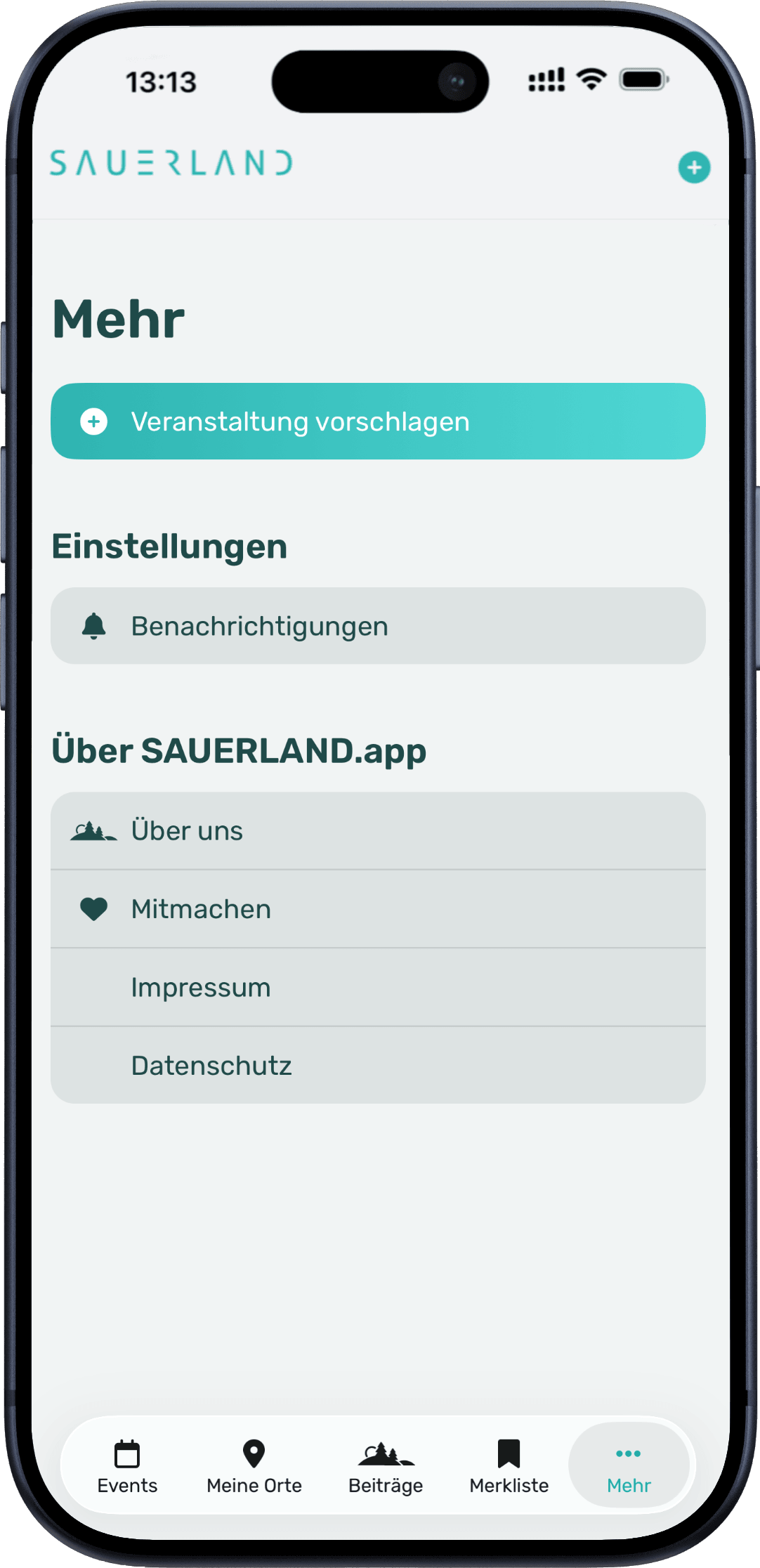 Die Sauerland.App ist auf einem Iphone geöffnet. Der Bildschirm zeigt die Seite „Mehr“.