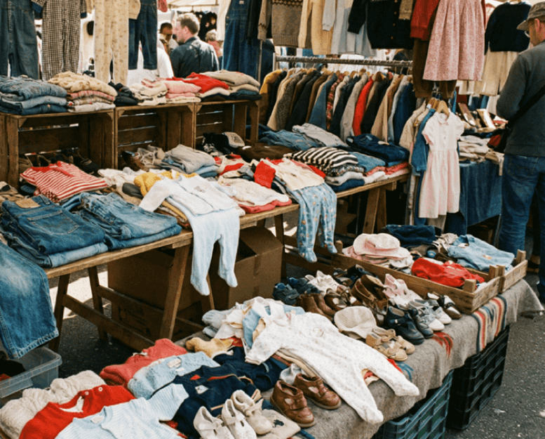 Ein Flohmarktstand welcher gebrauchte Kleidung anbietet