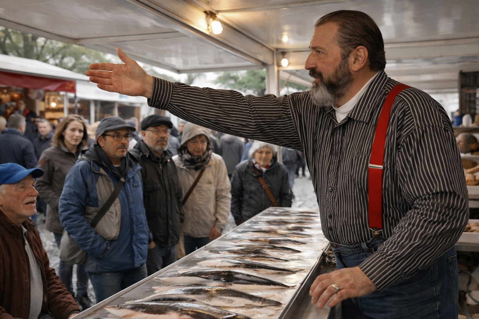 Ein Marktschreier auf einem Fischmarkt wie er aus seinem Verkaufswagen verkauft.