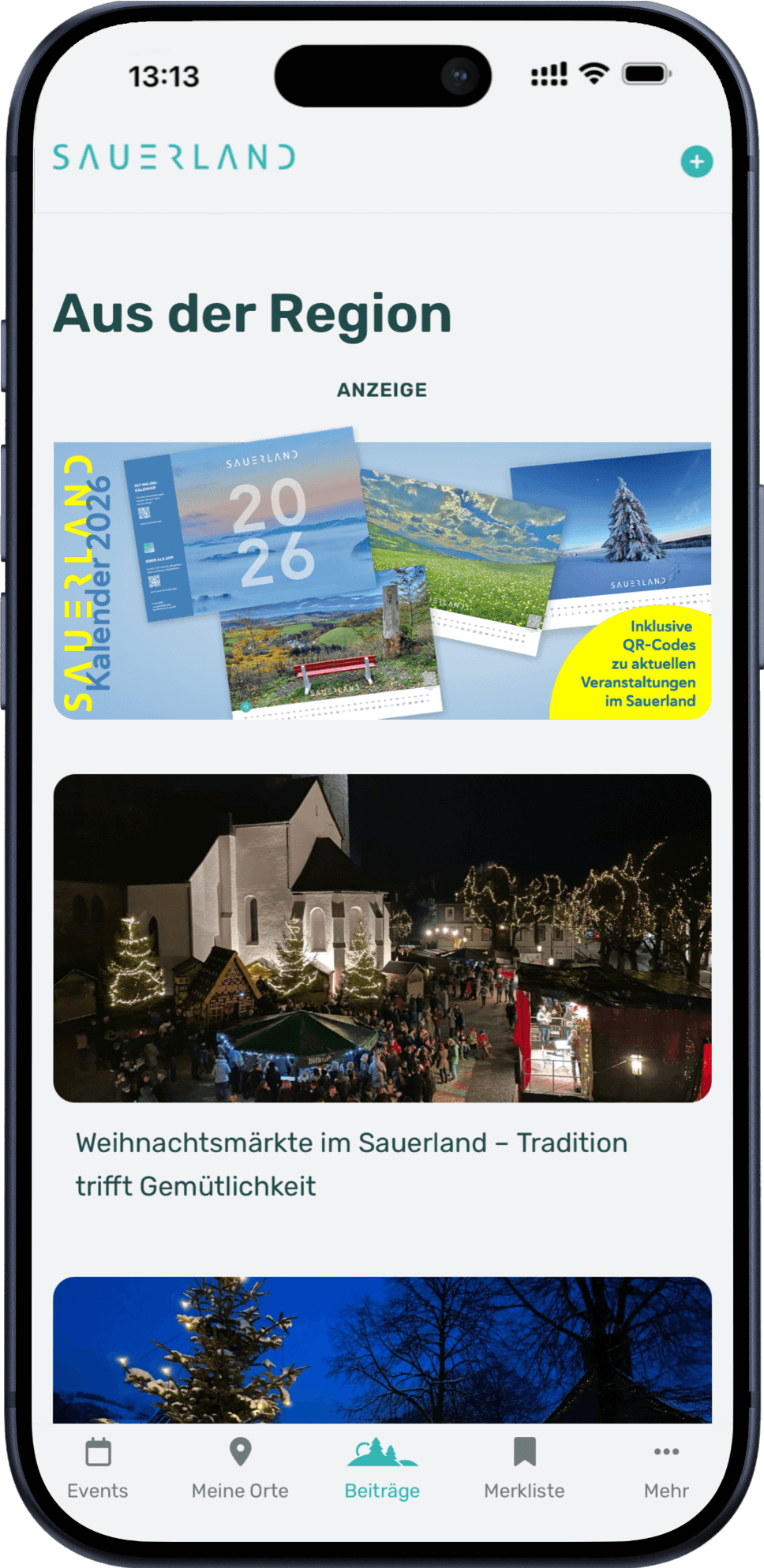 Die Sauerland.App ist auf einem Iphone geöffnet. Der Bildschirm zeigt die Seite „Aus der Region“.