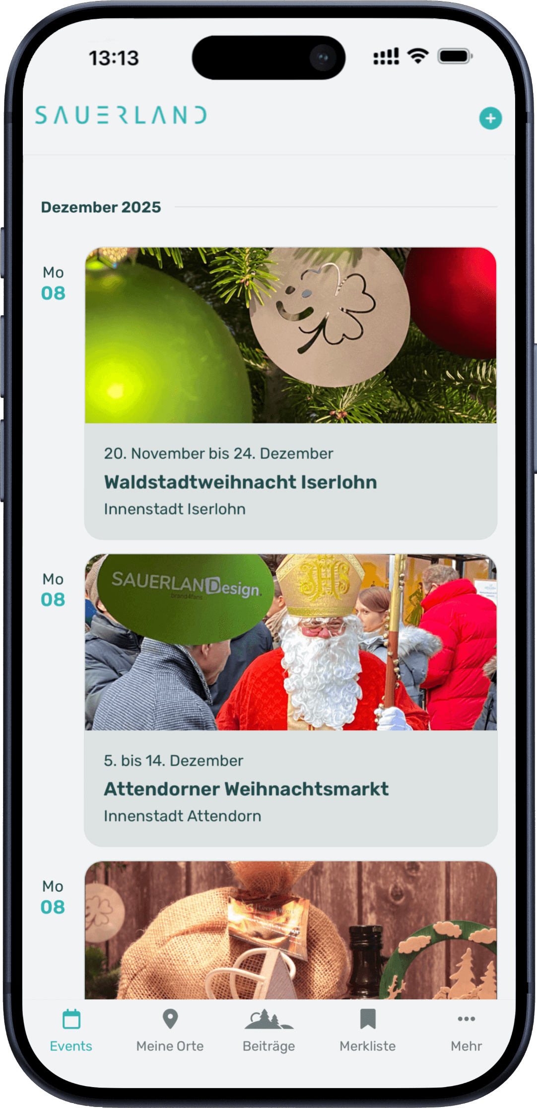 Die Sauerland.App ist auf einem Iphone geöffnet. Der Bildschirm zeigt die Beiträge der App.