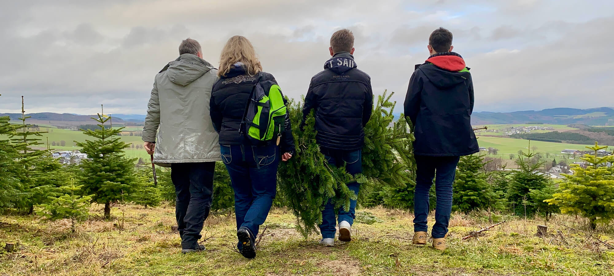 Eine Familie welche durch eine Nadelbaumplantage streift. Ein frisch geschlagener Tannenbaum wird getragen