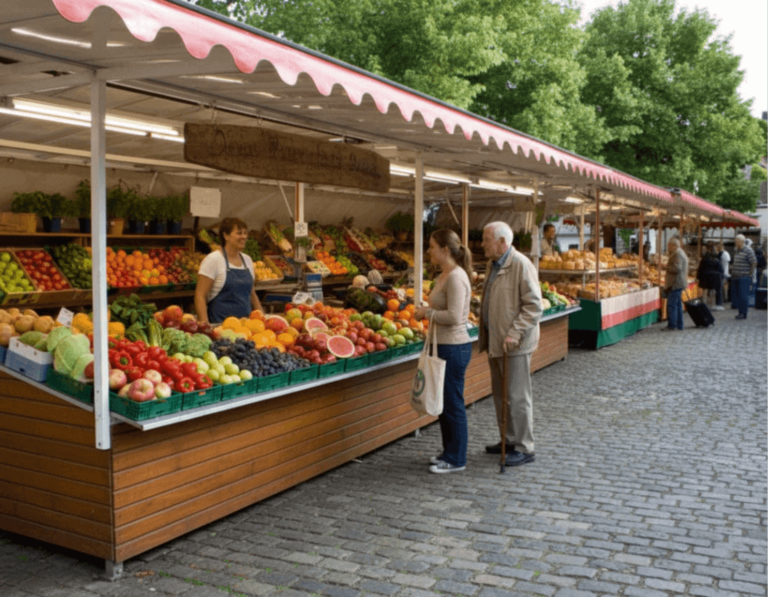 Ein schöner Wochenmarktstand welcher bei schönem Wetter Frisches Gemüse und Obst an Kunden verkauft.